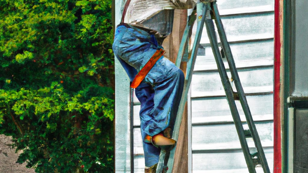 Man climbing ladder on Holly, Michigan home to replace roof