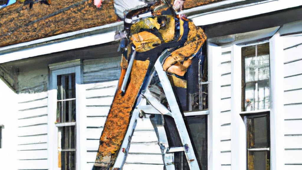 Man climbing ladder on Hopewell, Virginia home to replace roof
