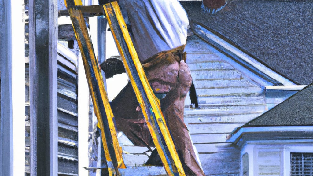 Man climbing ladder on Hopkinton, Rhode Island home to replace roof