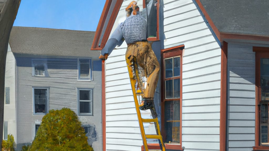Man climbing ladder on Hudson, New Hampshire home to replace roof