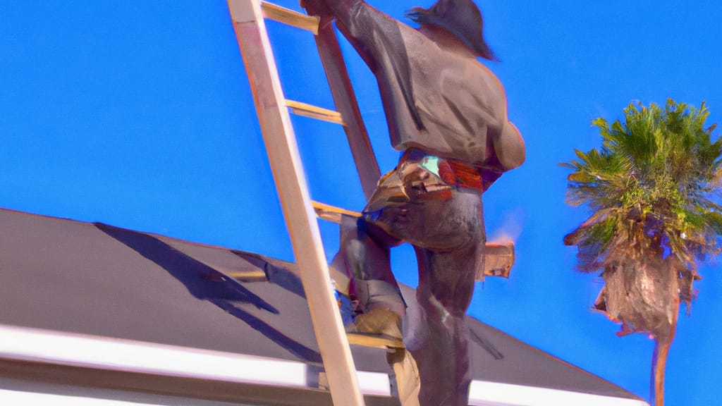 Man climbing ladder on Imperial Beach, California home to replace roof