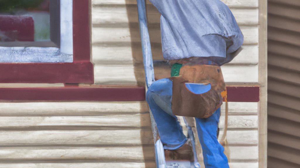 Man climbing ladder on International Falls, Minnesota home to replace roof