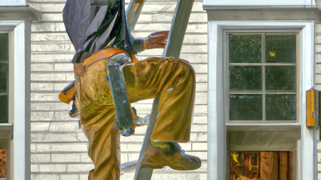 Man climbing ladder on Iowa City, Iowa home to replace roof
