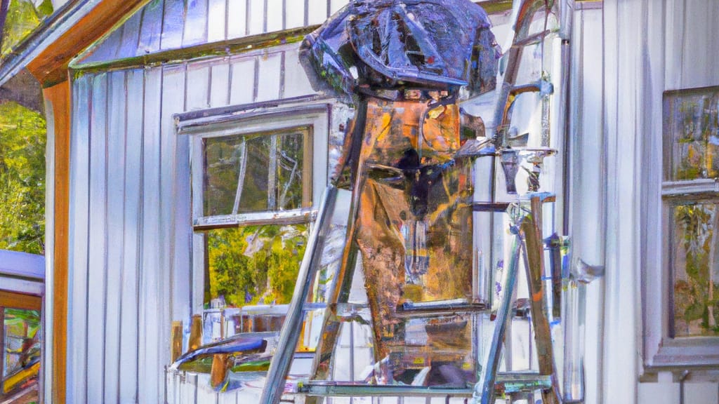 Man climbing ladder on Iron Mountain, Michigan home to replace roof