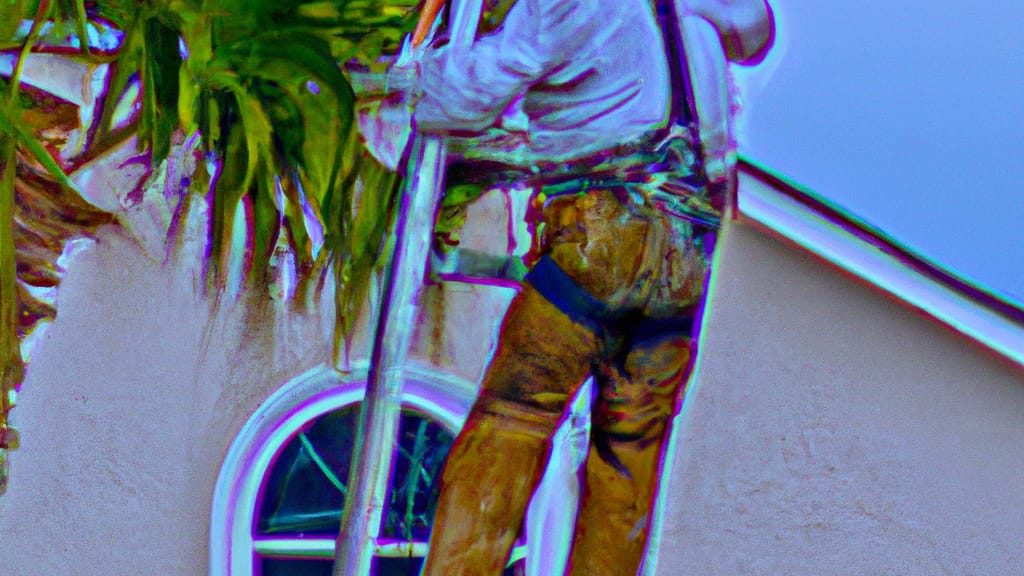Man climbing ladder on Jacksonville Beach, Florida home to replace roof