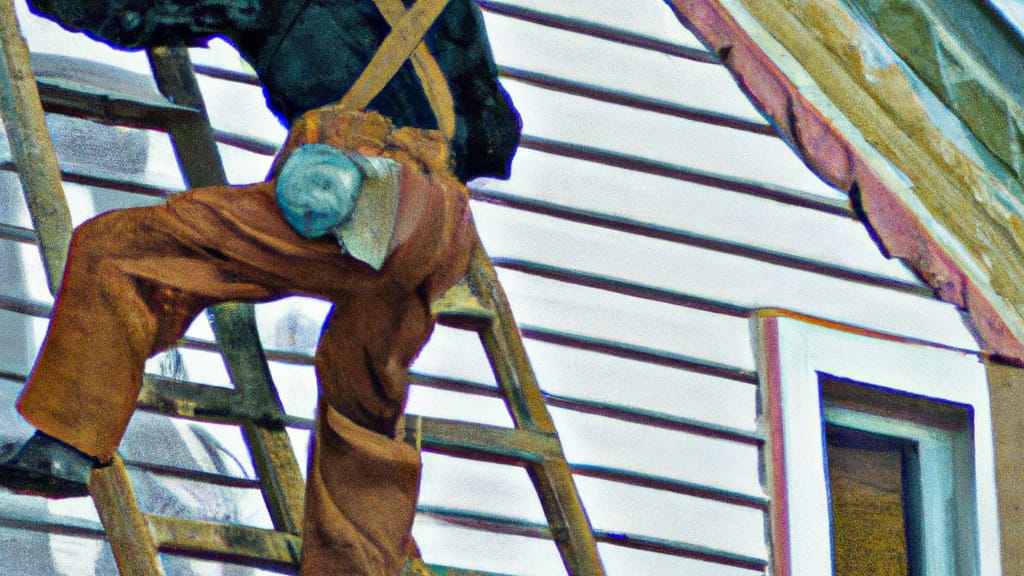 Man climbing ladder on Jamestown, North Dakota home to replace roof