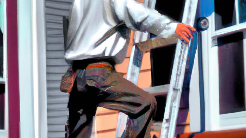 Man climbing ladder on Jamestown, Rhode Island home to replace roof