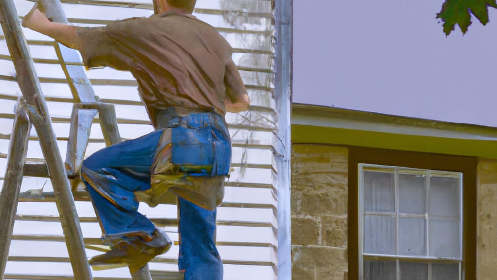 Man climbing ladder on Kaukauna, Wisconsin home to replace roof