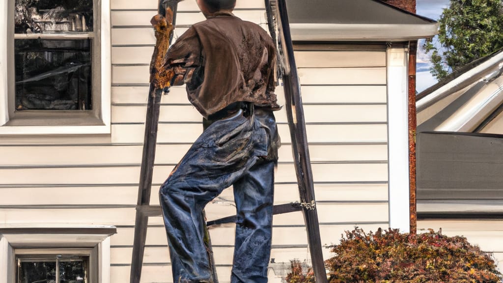 Man climbing ladder on Keene, New Hampshire home to replace roof