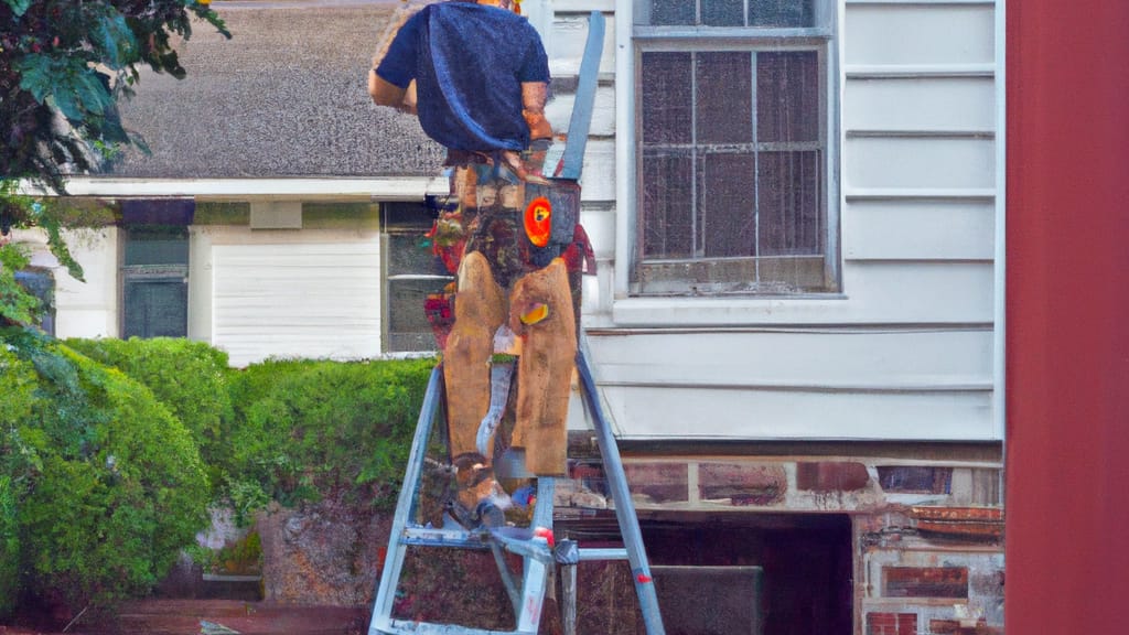 Man climbing ladder on Kendall Park, New Jersey home to replace roof