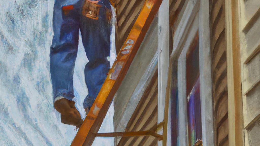 Man climbing ladder on Kenton, Ohio home to replace roof