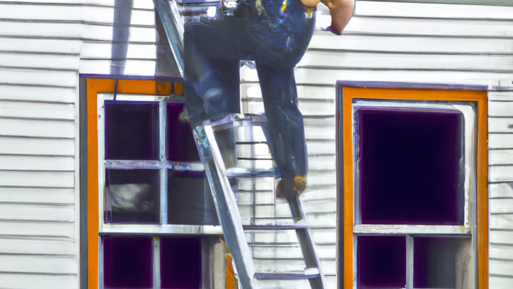 Man climbing ladder on La Grande, Oregon home to replace roof