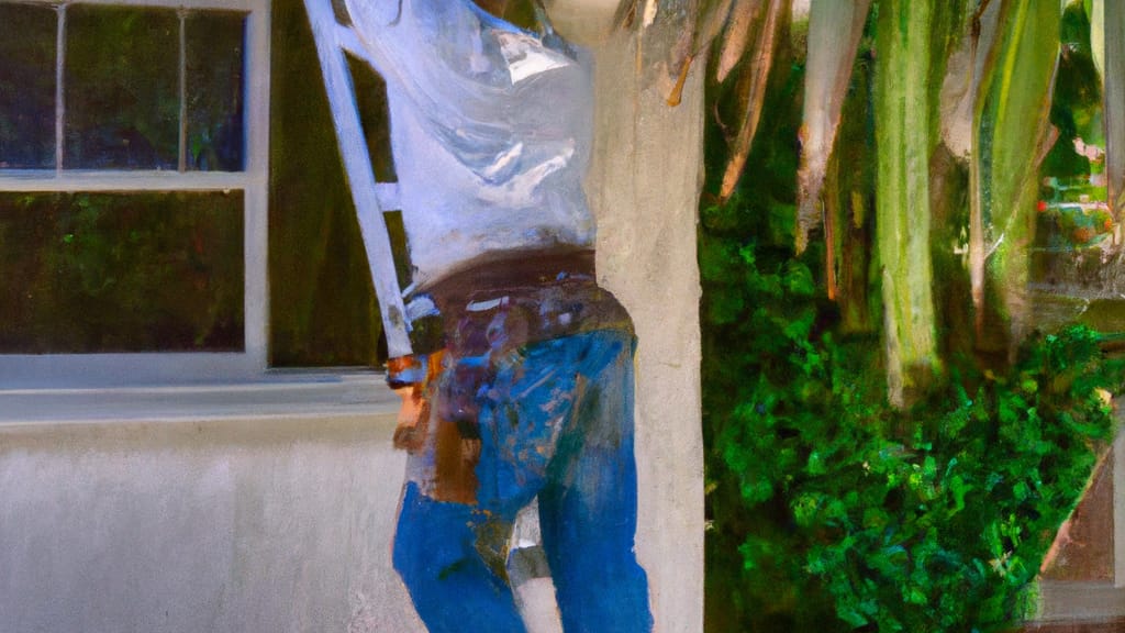 Man climbing ladder on La Mirada, California home to replace roof