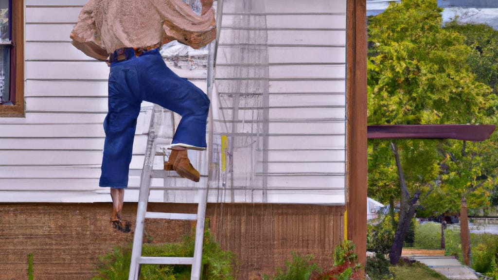 Man climbing ladder on Lake Elmo, Minnesota home to replace roof