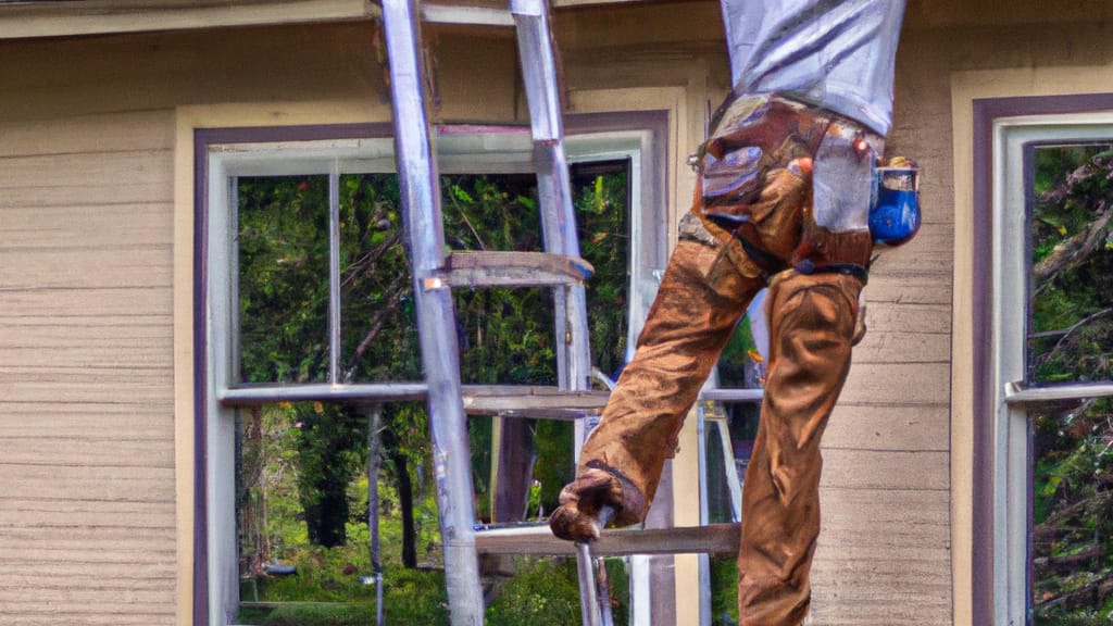 Man climbing ladder on Lake Mills, Wisconsin home to replace roof