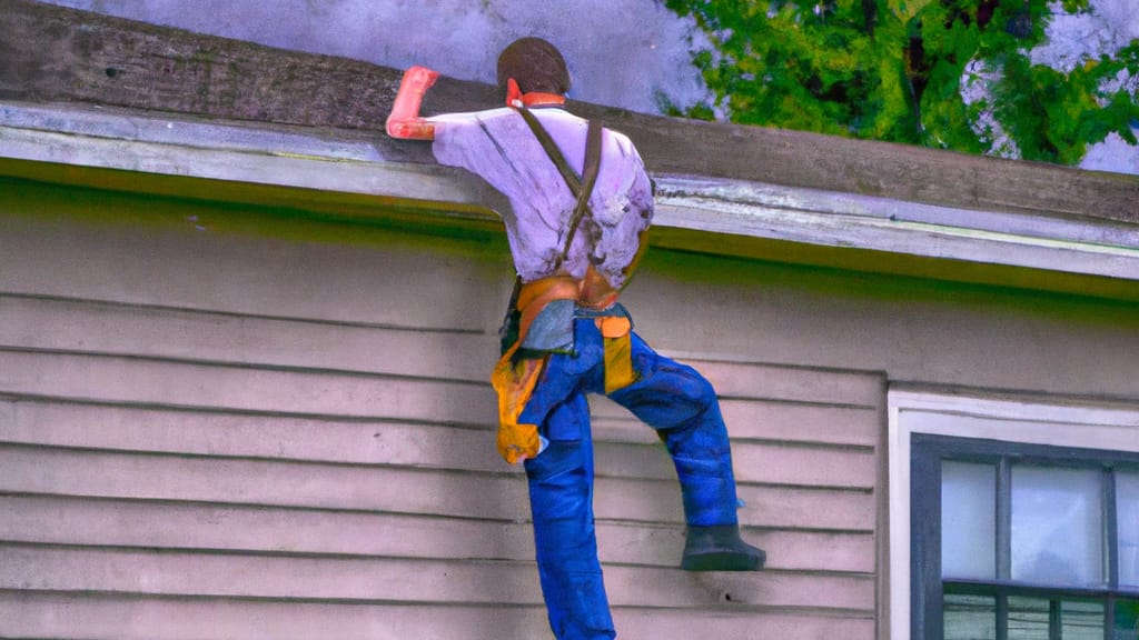Man climbing ladder on Lake Stevens, Washington home to replace roof