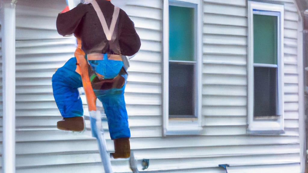 Man climbing ladder on Lakeville, Minnesota home to replace roof