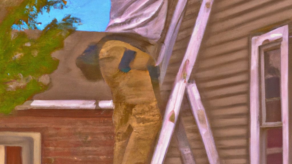Man climbing ladder on Lansing, Kansas home to replace roof