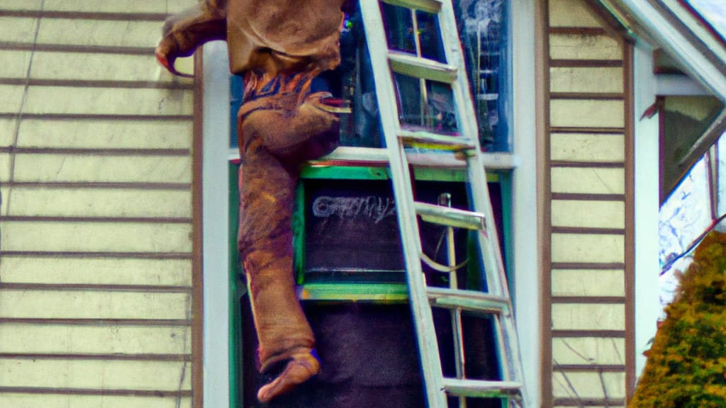 Man climbing ladder on Lapeer, Michigan home to replace roof