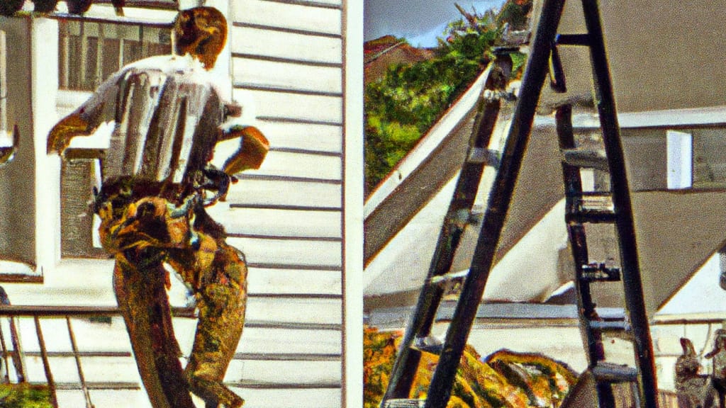 Man climbing ladder on Larchmont, New York home to replace roof