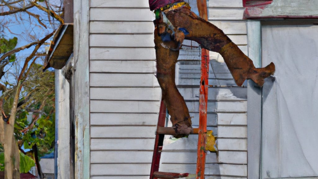 Man climbing ladder on Larose, Louisiana home to replace roof