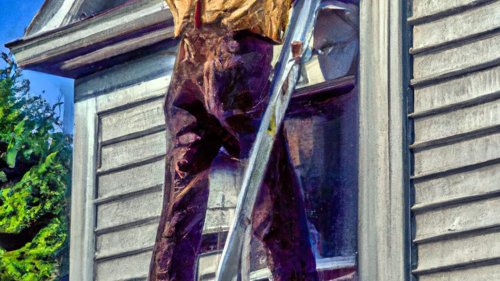 Man climbing ladder on Lehighton, Pennsylvania home to replace roof