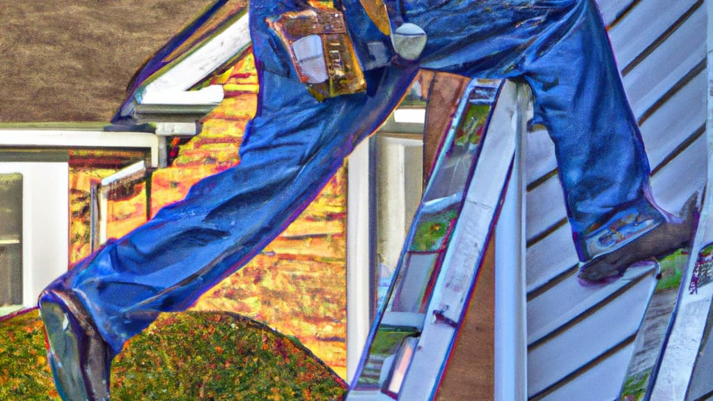 Man climbing ladder on Levittown, New York home to replace roof