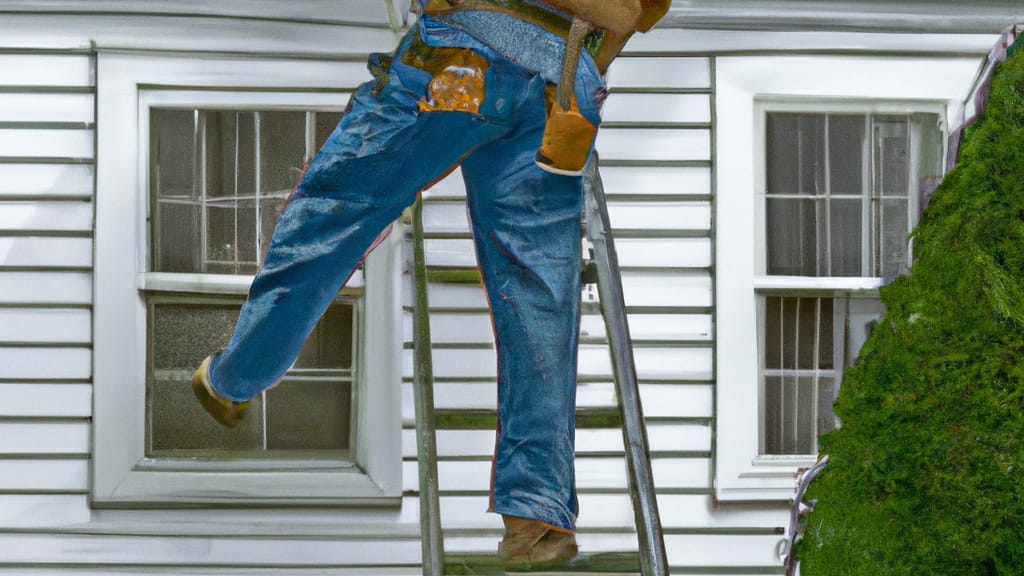 Man climbing ladder on Lexington, Massachusetts home to replace roof