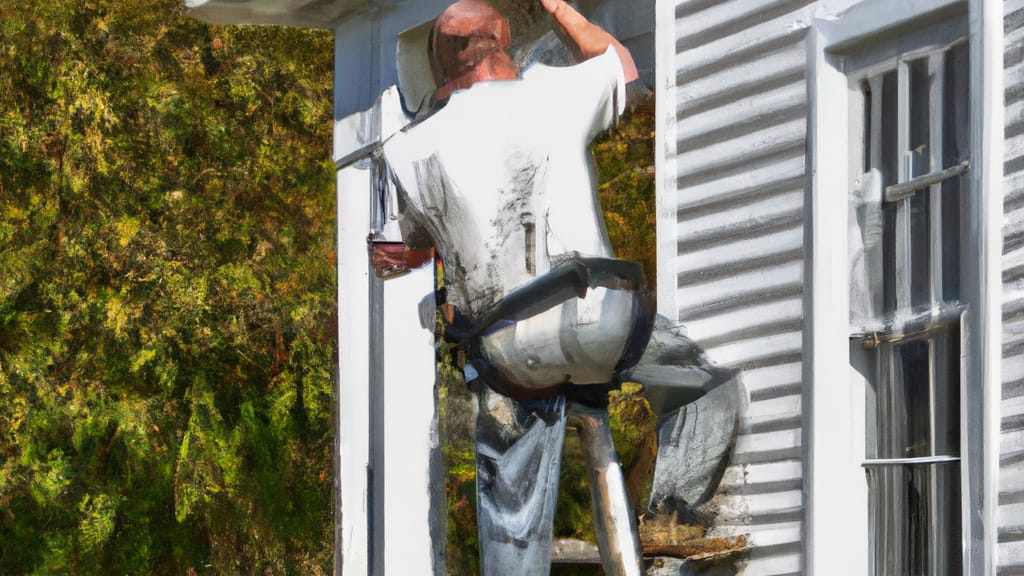 Man climbing ladder on Lexington, Tennessee home to replace roof