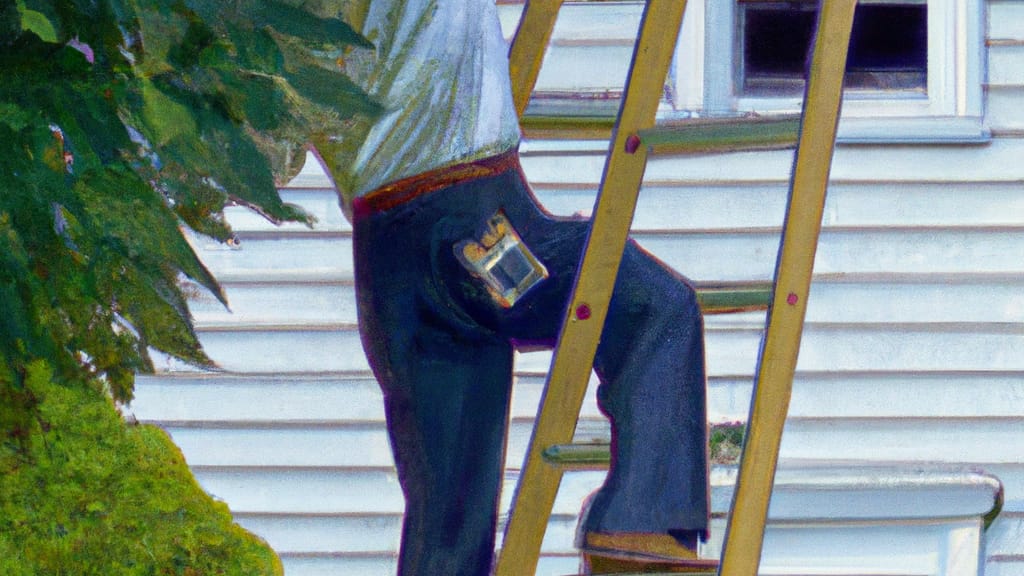 Man climbing ladder on Litchfield, New Hampshire home to replace roof