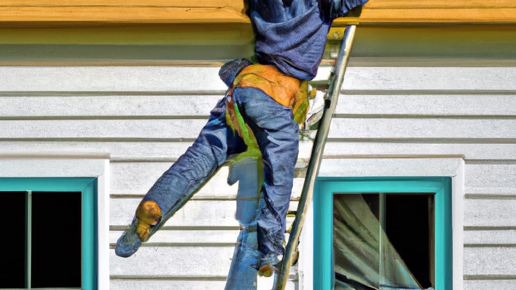 Man climbing ladder on Little Suamico, Wisconsin home to replace roof