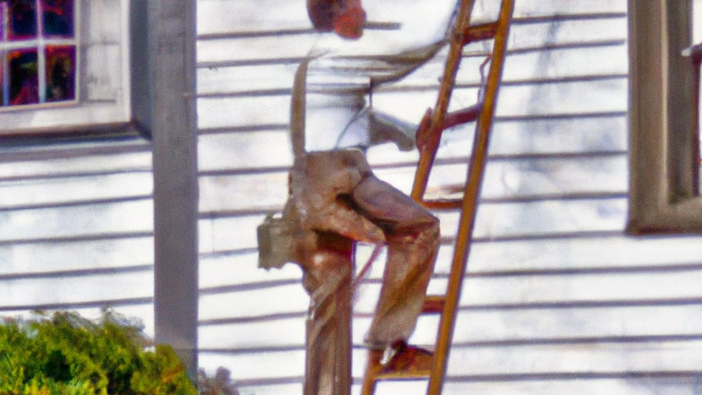Man climbing ladder on Londonderry, New Hampshire home to replace roof