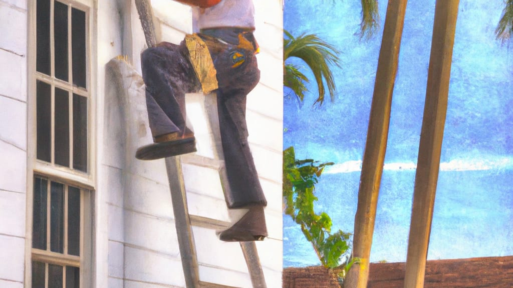 Man climbing ladder on Longboat Key, Florida home to replace roof