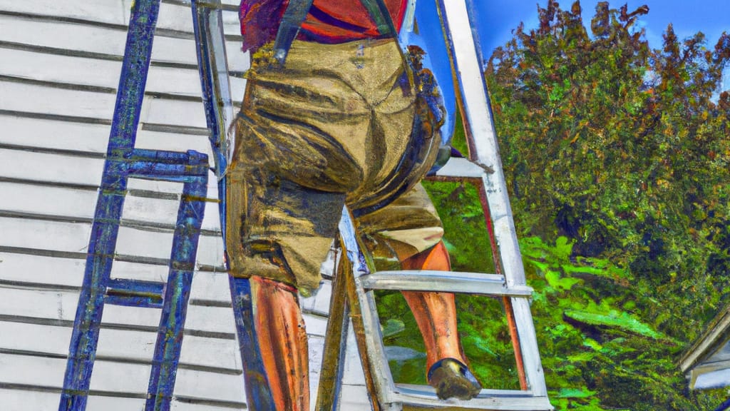 Man climbing ladder on Lugoff, South Carolina home to replace roof