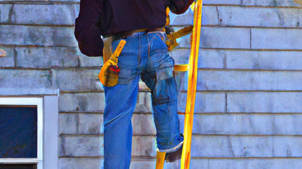 Man climbing ladder on Lumberton, North Carolina home to replace roof