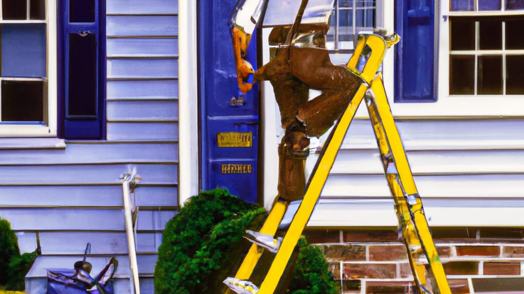 Man climbing ladder on Madison Heights, Michigan home to replace roof