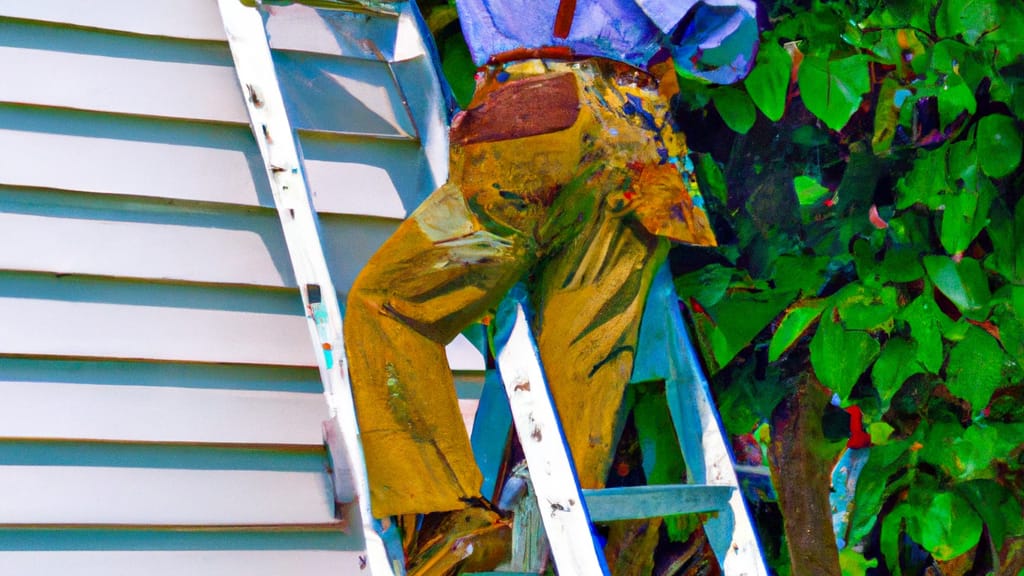 Man climbing ladder on Madison Heights, Virginia home to replace roof