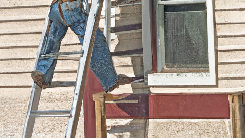 Man climbing ladder on Madison, South Dakota home to replace roof