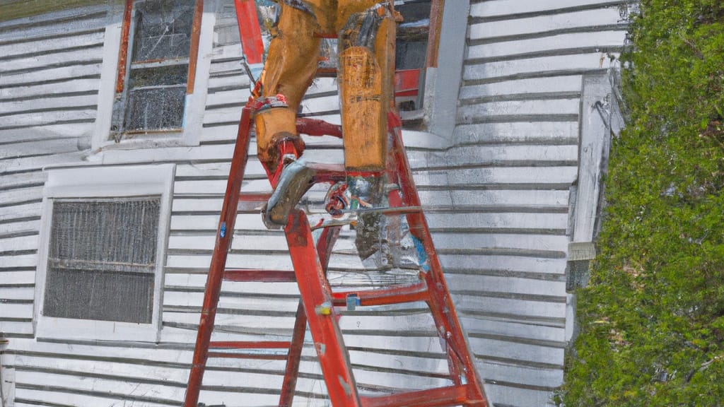 Man climbing ladder on Mahopac, New York home to replace roof