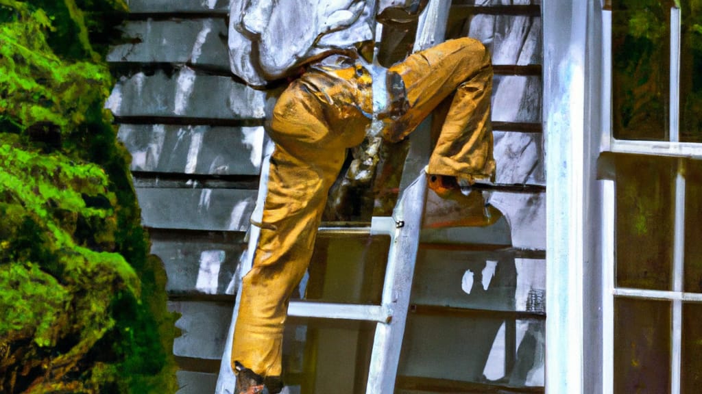 Man climbing ladder on Maine, New York home to replace roof