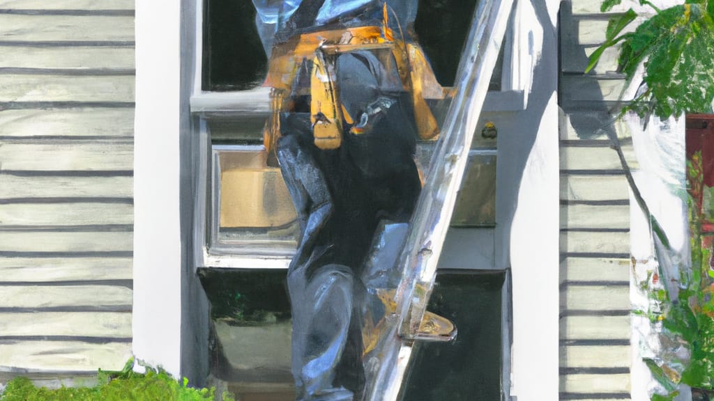 Man climbing ladder on Malden, Massachusetts home to replace roof