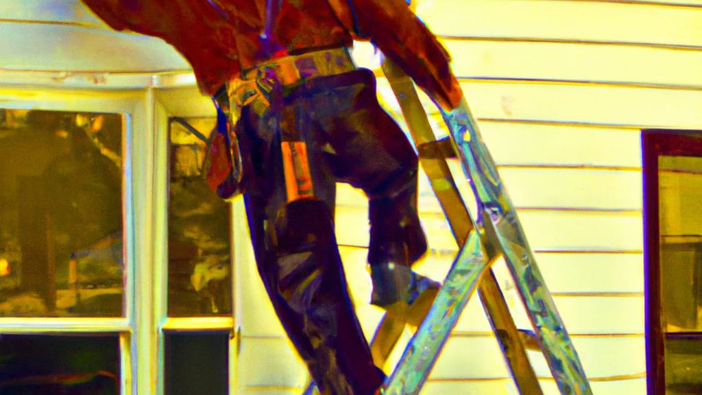 Man climbing ladder on Manitowoc, Wisconsin home to replace roof