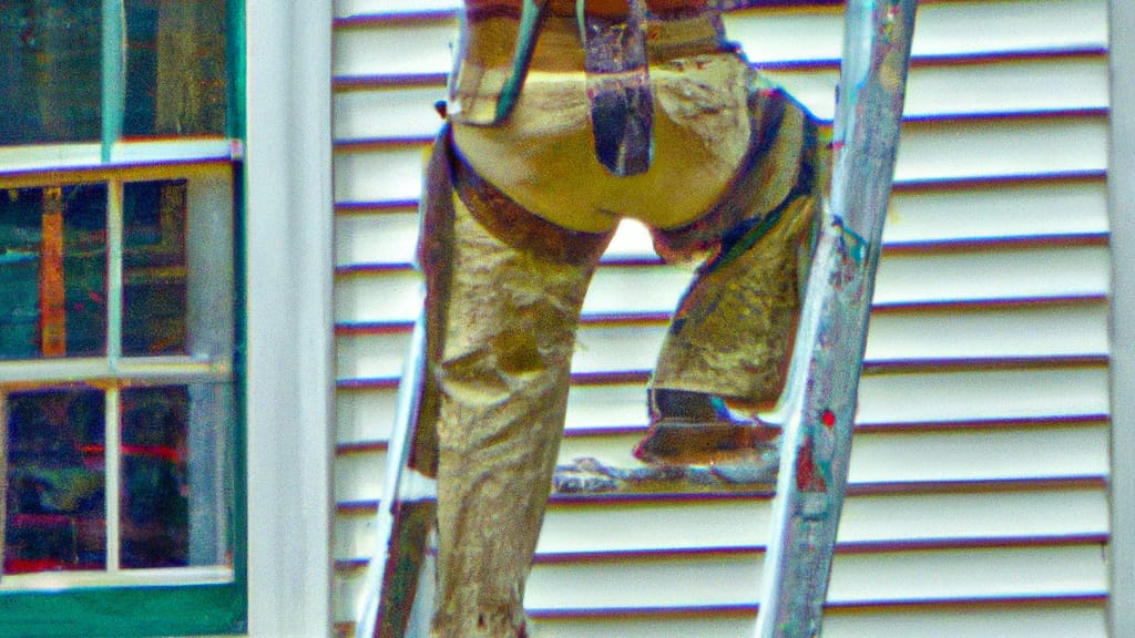 Man climbing ladder on Marblehead, Massachusetts home to replace roof