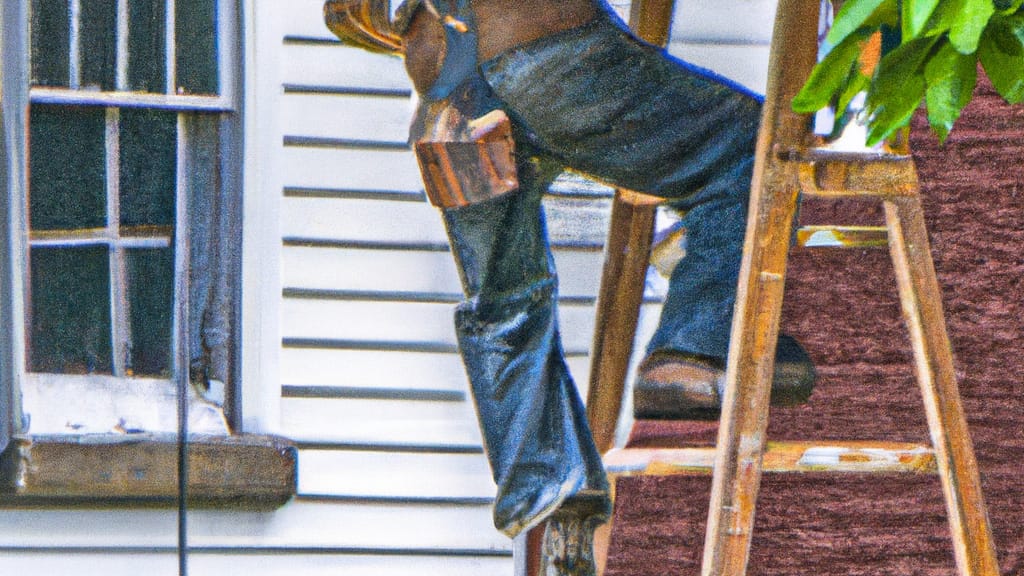 Man climbing ladder on Marilla, New York home to replace roof
