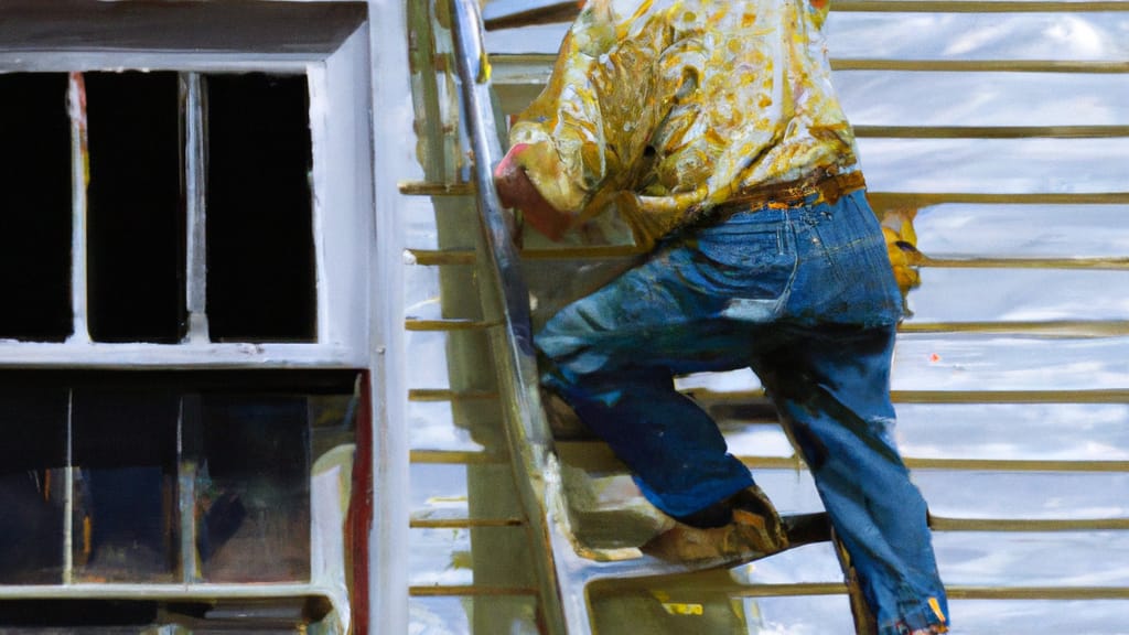 Man climbing ladder on Martinsville, Virginia home to replace roof