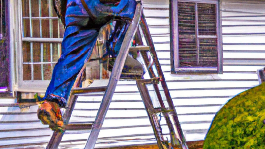 Man climbing ladder on Massapequa Park, New York home to replace roof