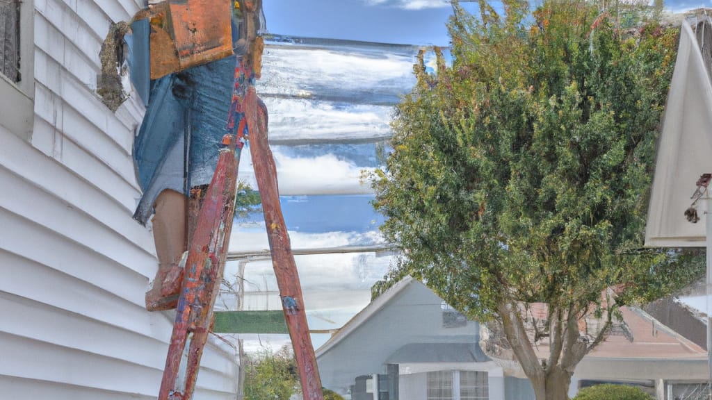 Man climbing ladder on Mastic Beach, New York home to replace roof