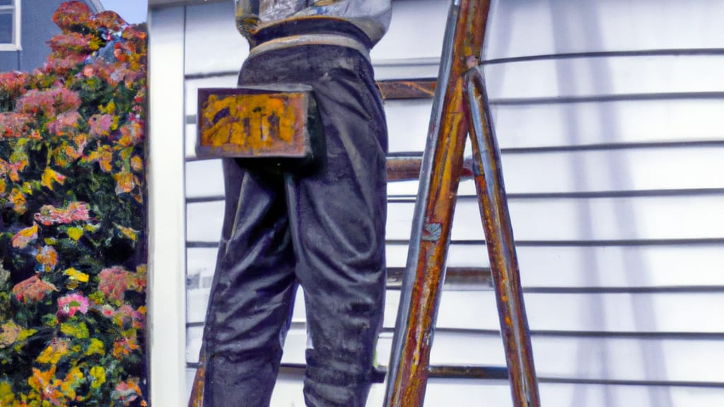 Man climbing ladder on Mattapoisett, Massachusetts home to replace roof