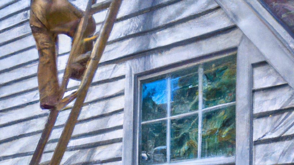 Man climbing ladder on Maynard, Massachusetts home to replace roof