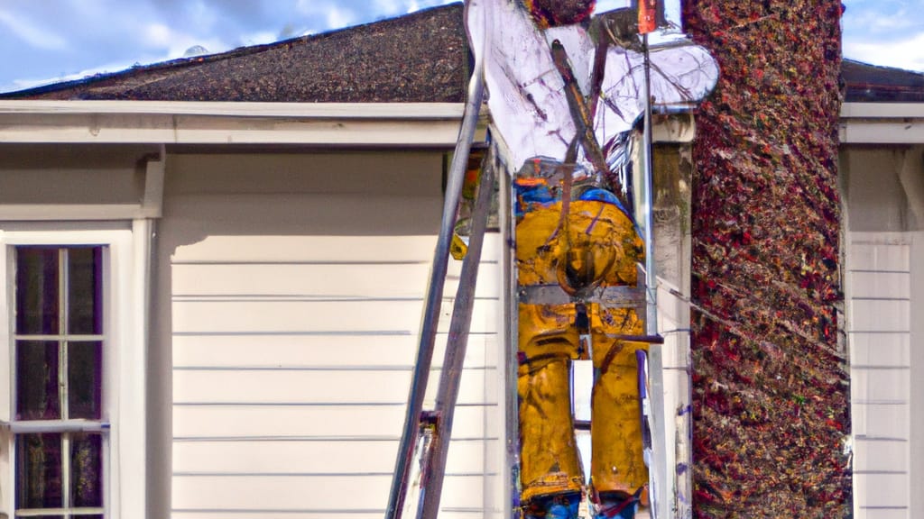 Man climbing ladder on Menlo Park, California home to replace roof